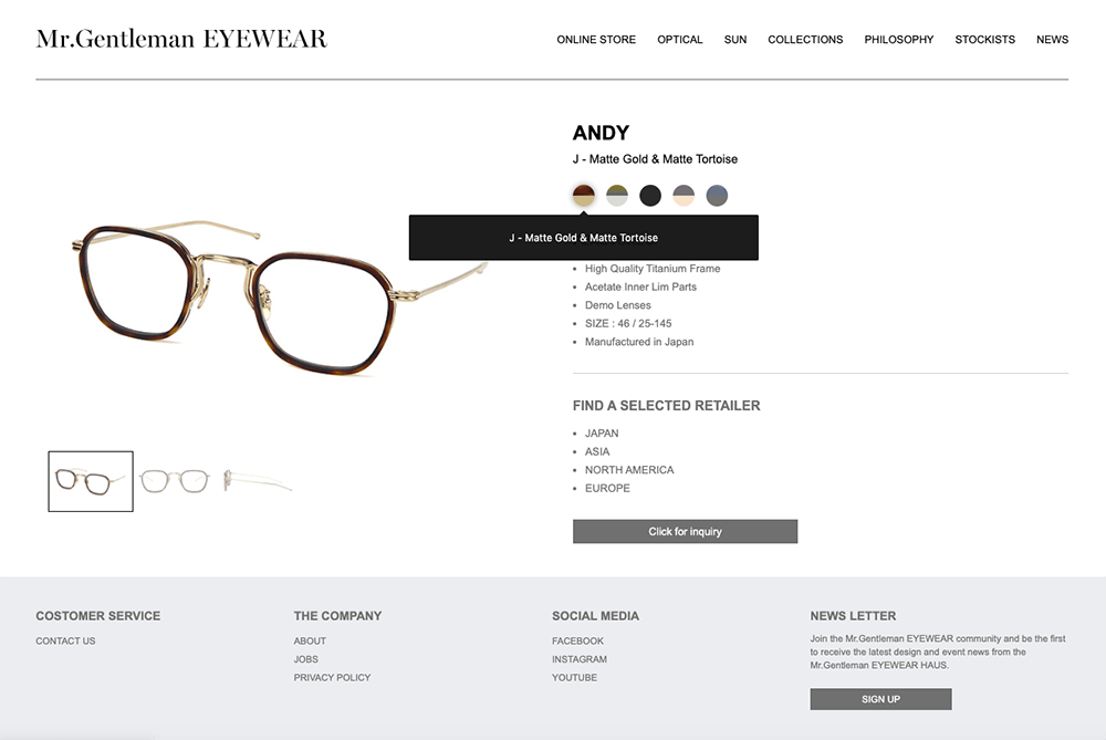 Mr.Gentleman EYEWEARのPC表示のアイテムページのイメージ画像