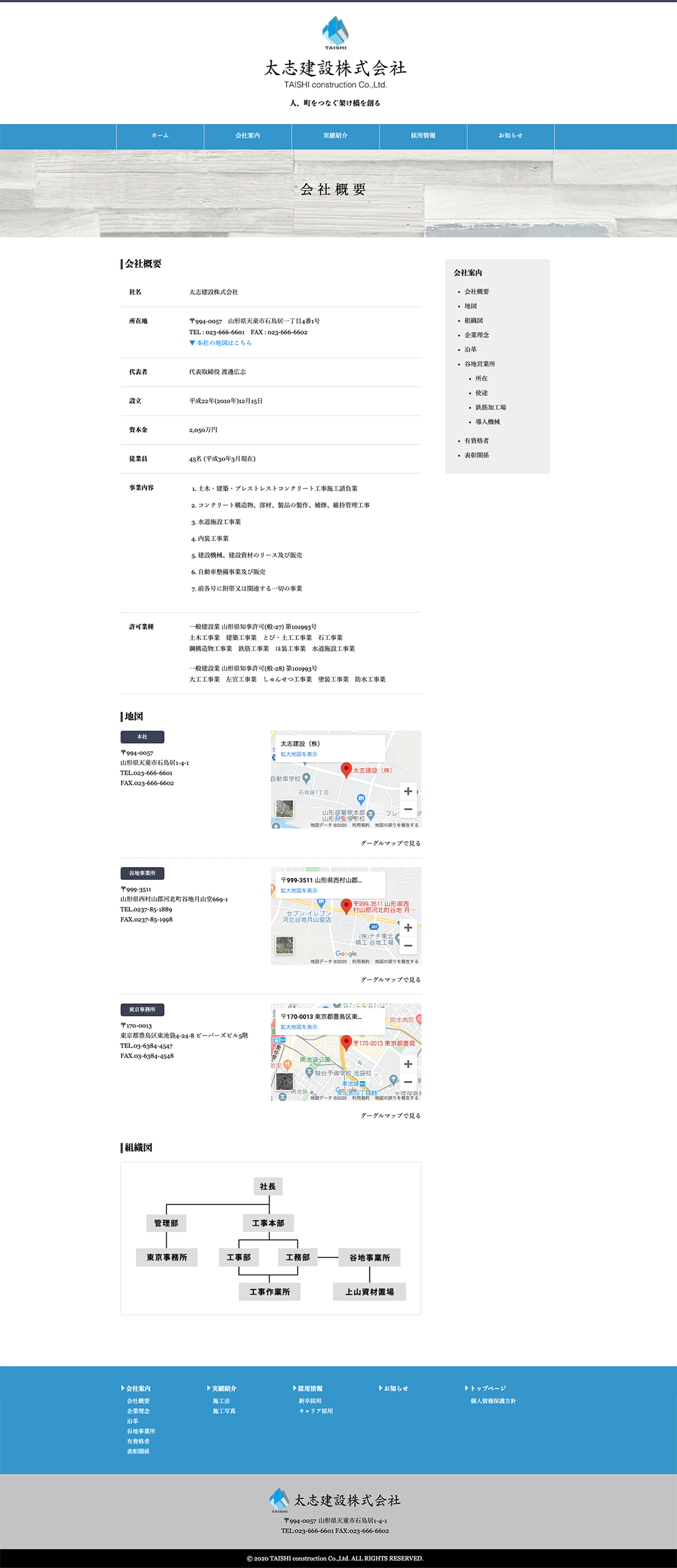 太志建設株式会社ホームページの会社概要ページのイメージ画像